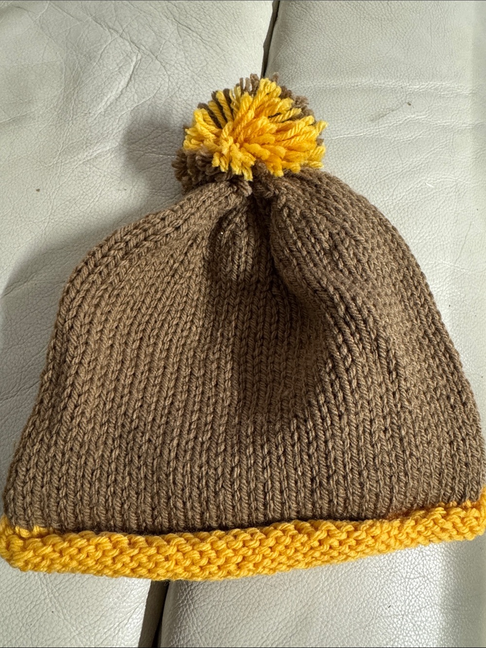 Kids Knit Pom Beanie - Brown with Yellow Trim